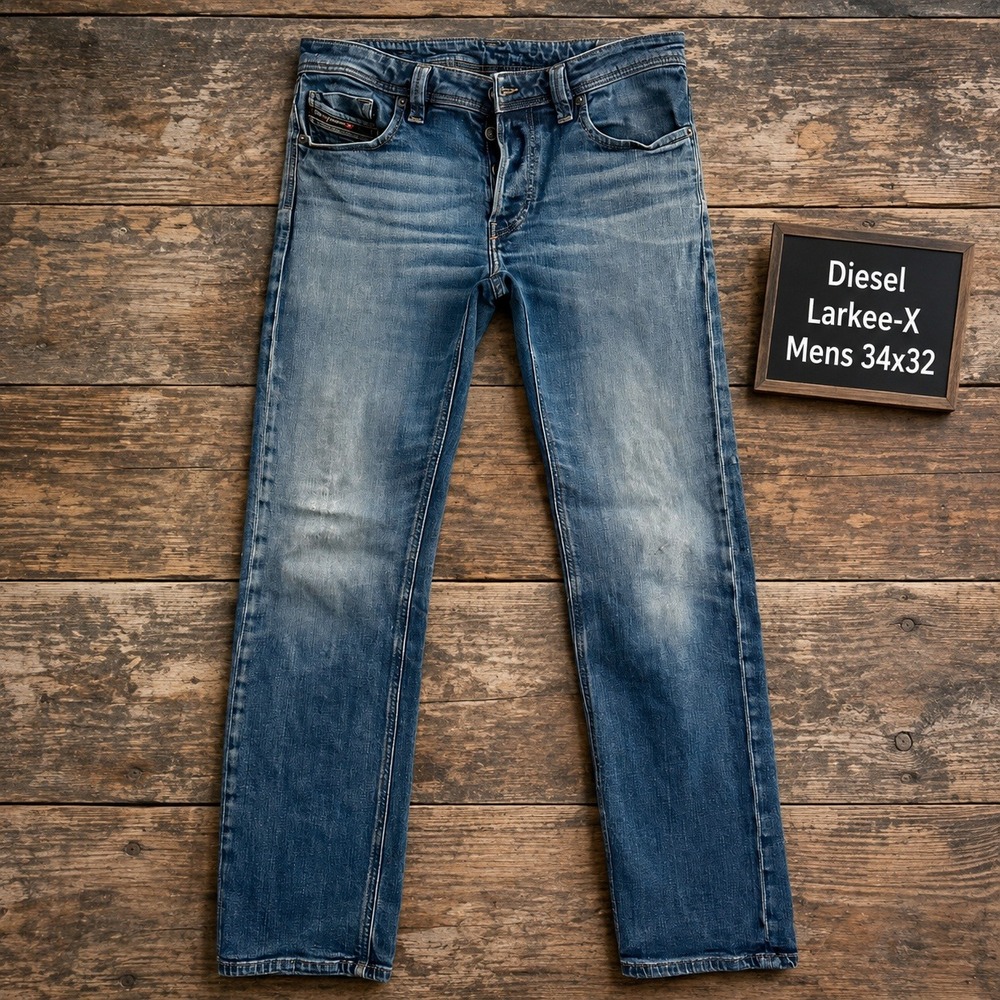 Diesel Larkee-X Mens 34x32 Regular Straight Jeans Blue Faded Denim Button Fly